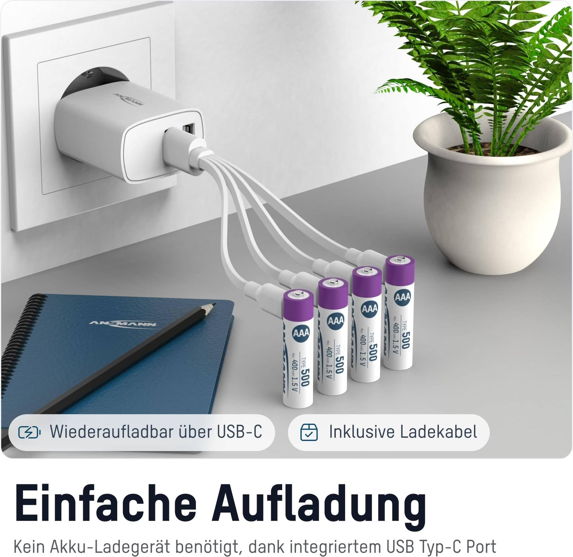 (4er Set) 500mAh Wiederaufladbarer AAA Lithium Ionen Akku USB C Batterie (1311-0028)