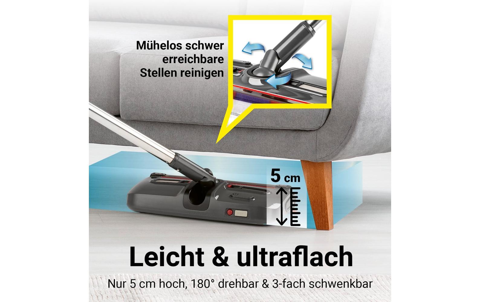 Akku-Besen 15 W, USB-C, LEDAkku-Besen mit abknicknbarem Kopf und LED-Beleuchtung