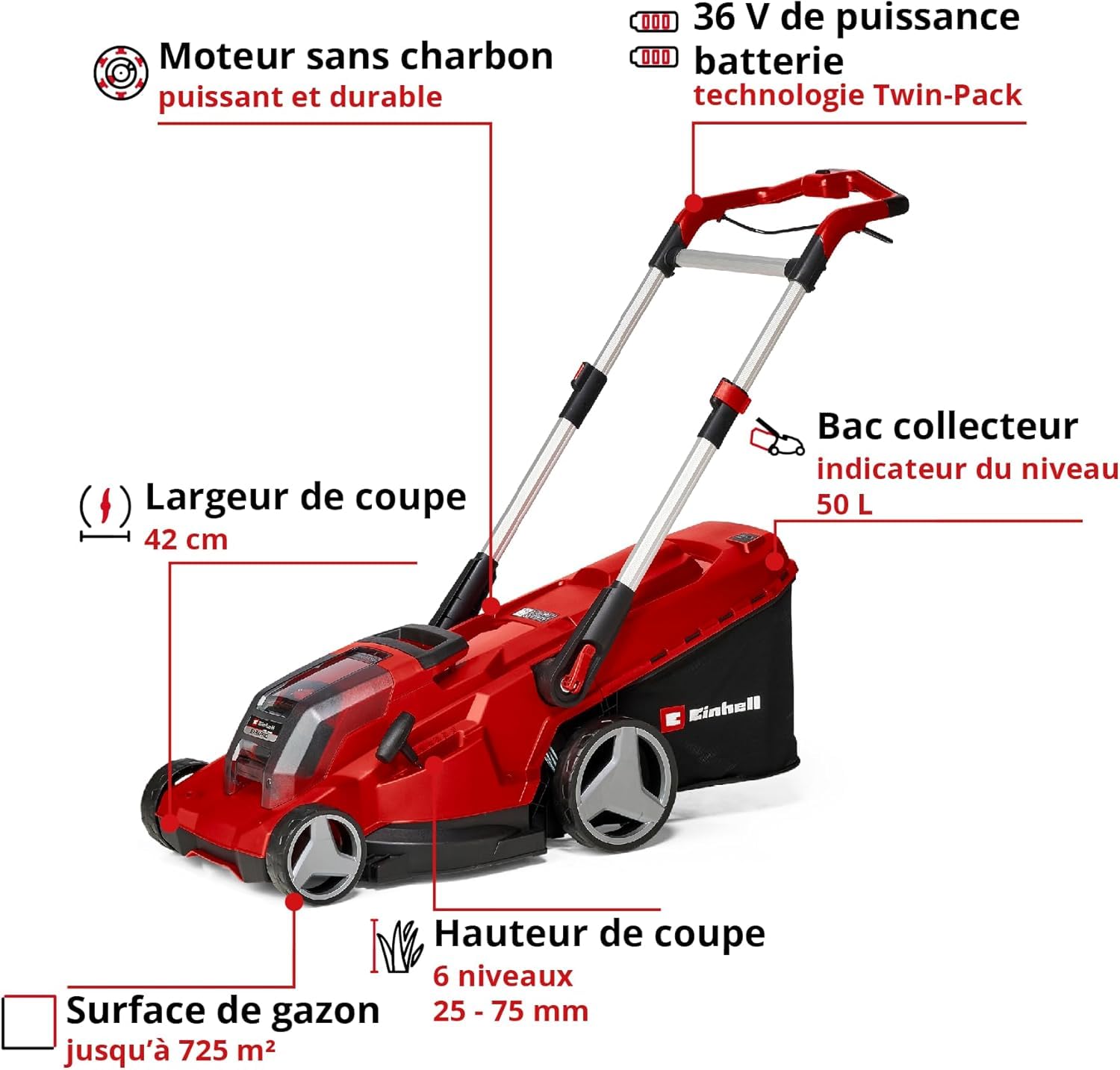 Einhell Professional Tondeuse à gazon sans fil RASARRO 36/42 Kit Power X-Change (36V, largeur de coupe: 42 cm, Bac 50L, moteur sans charbon) Livré ave