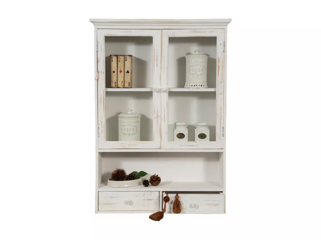 Caisson de cuisine 56x79x16 cm - 2 Tiroirs - 2 Portes Vitrées - Blanc Antique - SHABBY CHARME - 1 meuble haut - Vitrine murale pour salle de bain et salon