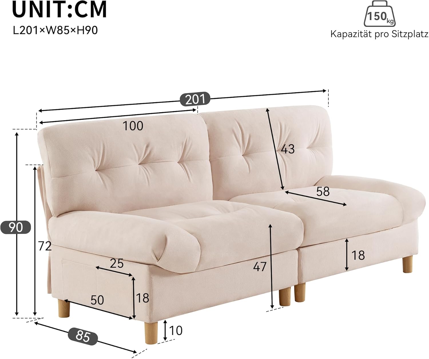 Luxuriöses Sofa in Wolkenform, 201cm Bequemes Teddy-Samtstoff Sofa mit großen Sitzkissen und Rückenlehne, Modernes Polstersofa, Getuftetes Kleine Couch für Wohnzimmer/Schlafzimmer/Büro/Wohnung, Beige