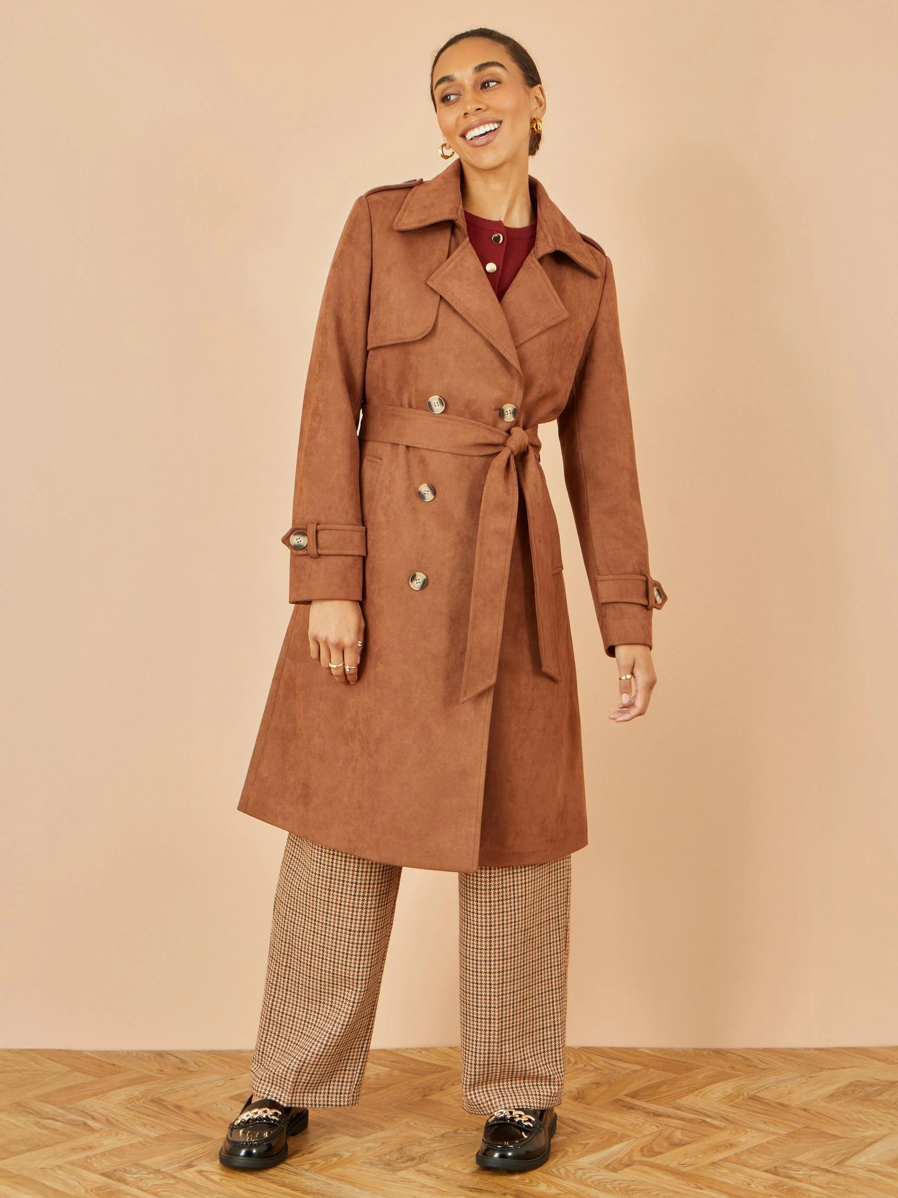 Bruin - Yumi Faux Suede Trench Coat