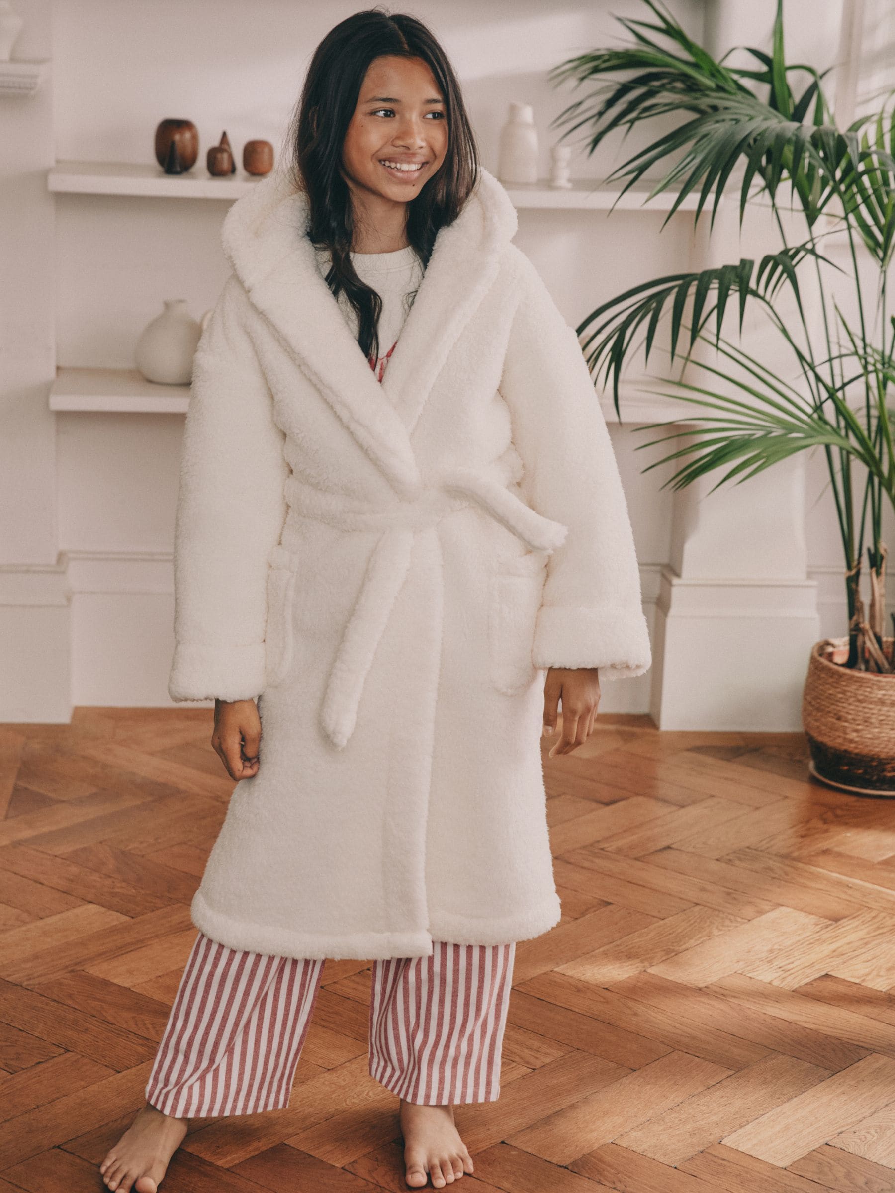 Crème - Badjas van teddyfleece met langere lengte (5-16jr)