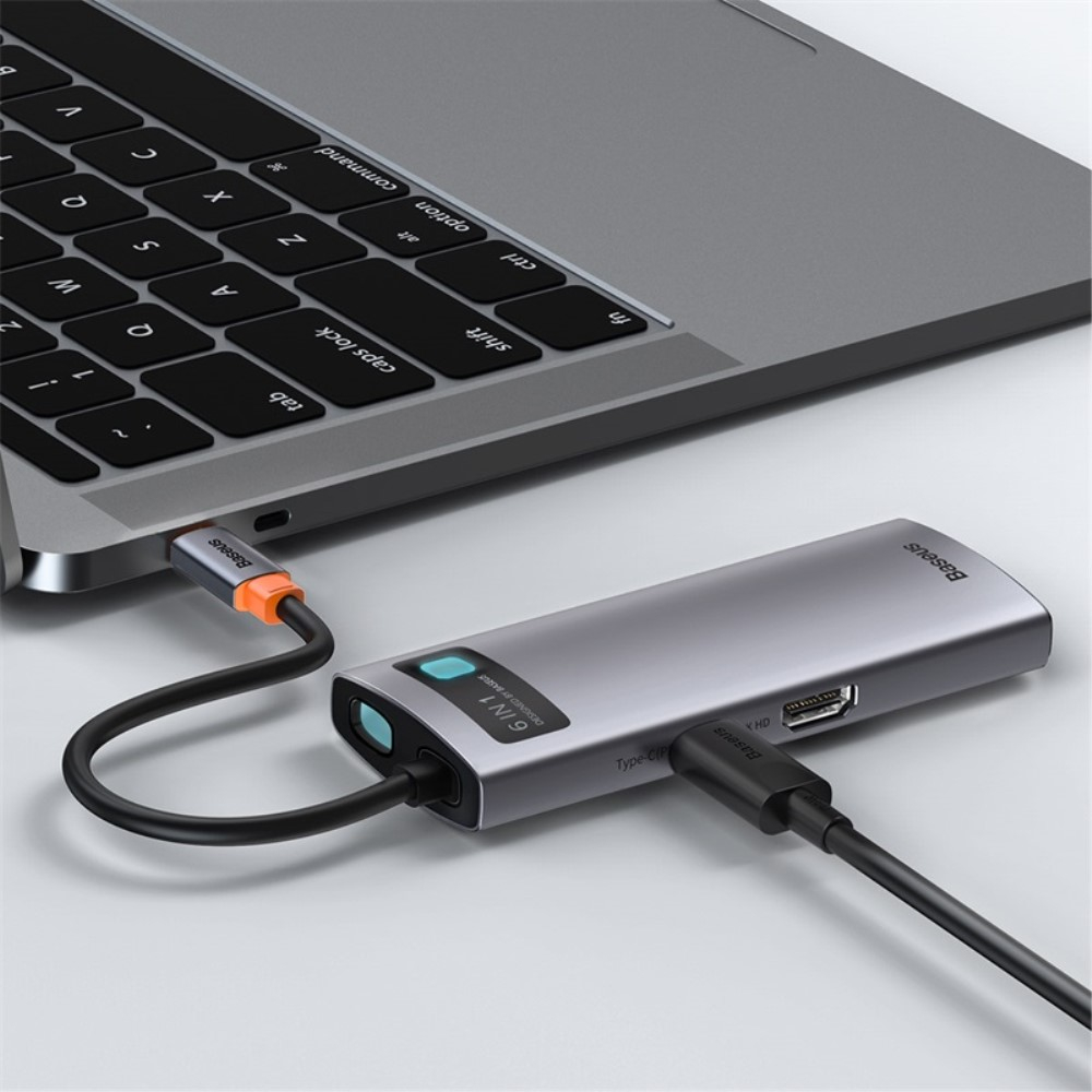 (100W) 6in1 USB C Multiport Adapter mit USB C (PD) / 4K HDMI @30Hz / 3x USB 3.0 / Ethernet RJ45 Port - Grau
