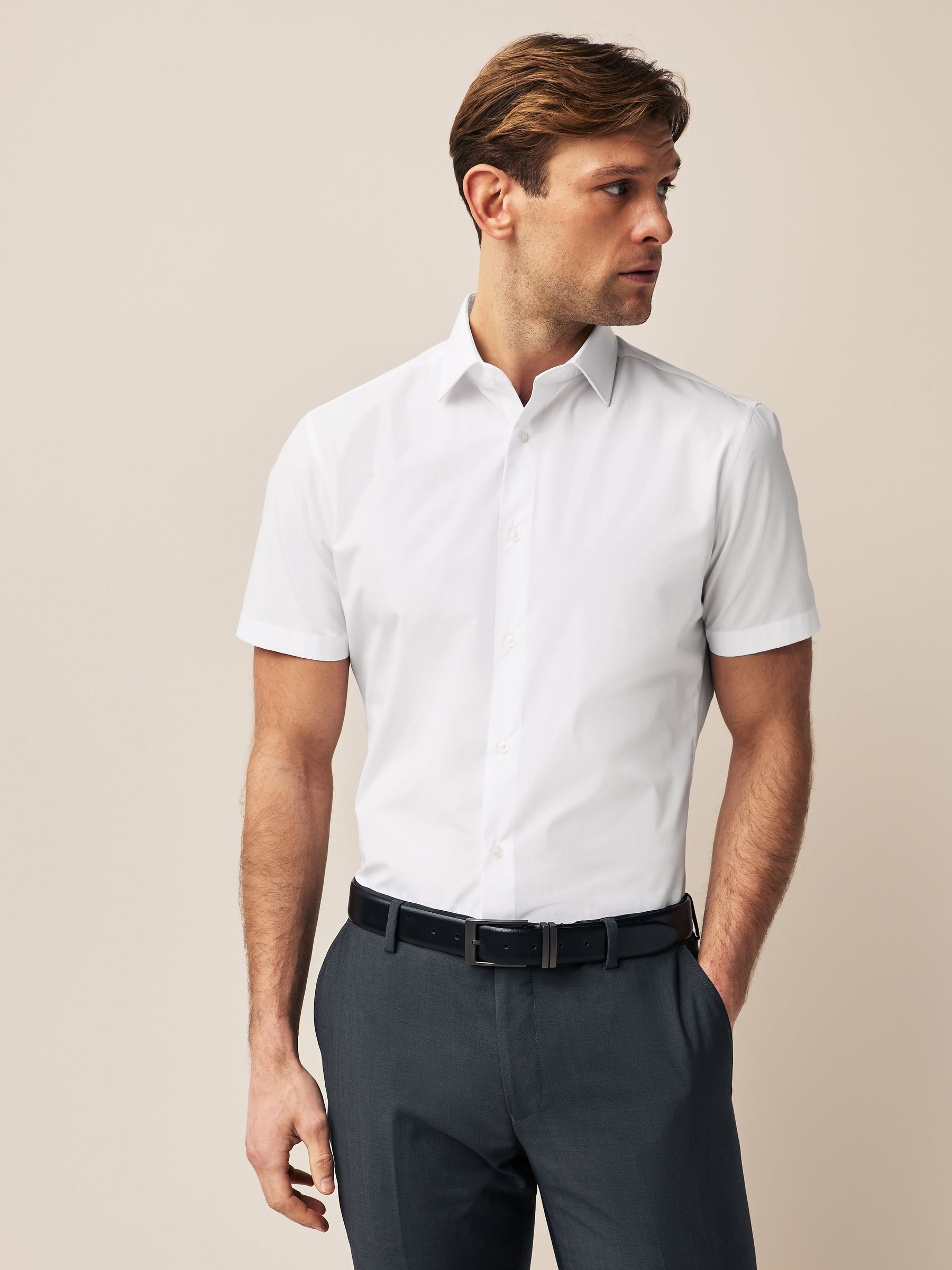 Wit - Slim Fit - Verpakking van 3 eenvoudig te strijken, nette overhemden met korte mouwen