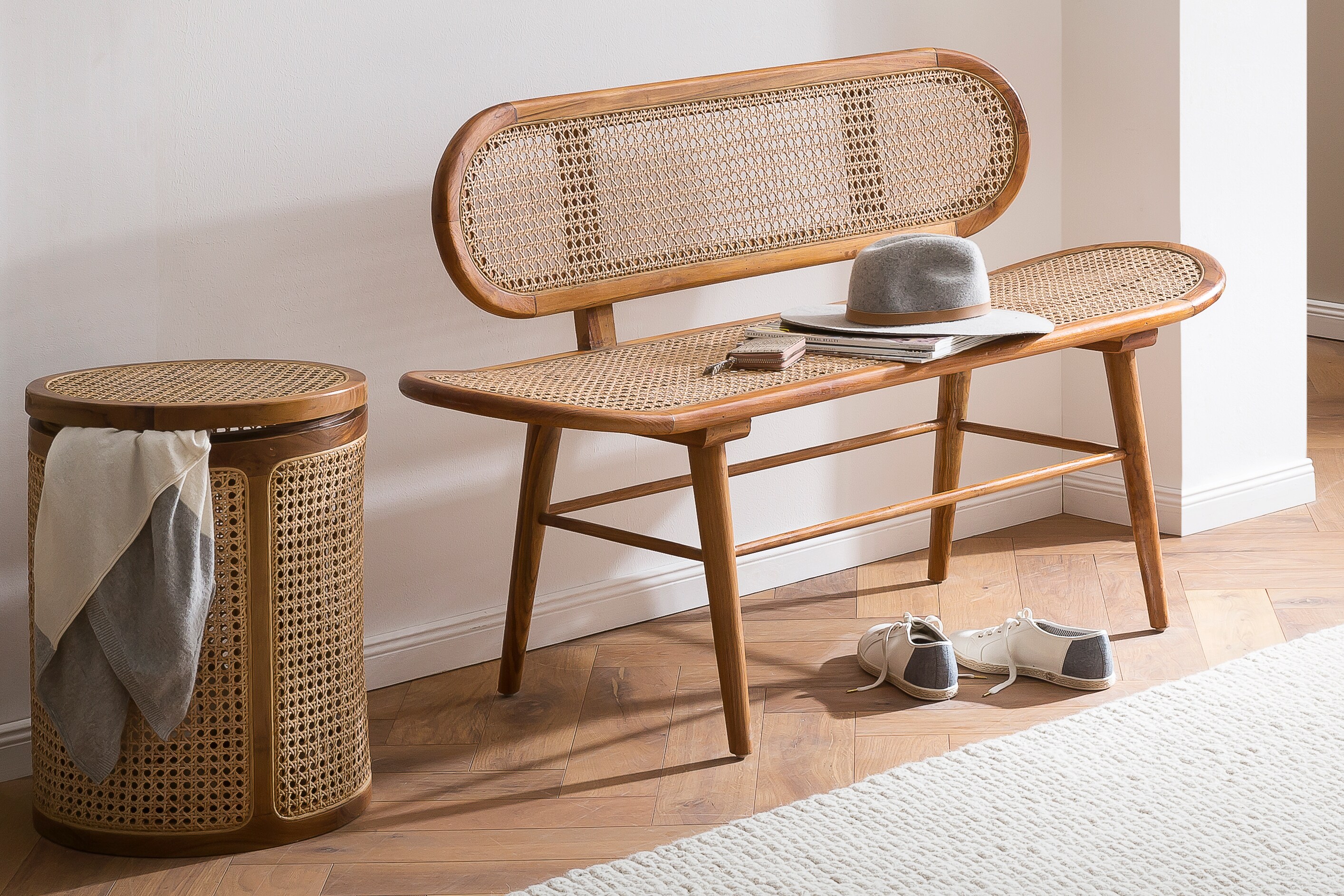 Sitzbank Rattan Teakholz Flurbank Dielenbank Esszimmer Bank Holzbank massiv