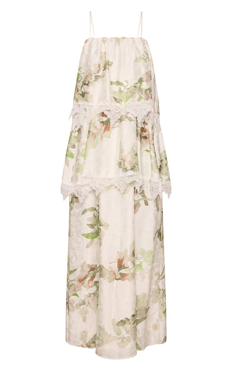Vert Olive Robe Longue À Bretelles Étagée En Dentelle Imprimée