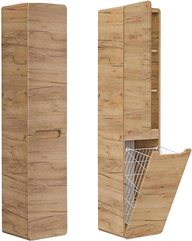 Lomadox Badezimmermöbel Set Eiche, Keramik Waschtisch mit Unterschrank, Spiegelschrank mit LED-Beleuchtung, Hochschrank mit Wäschesammler, Hänegschrank, Unterschrank