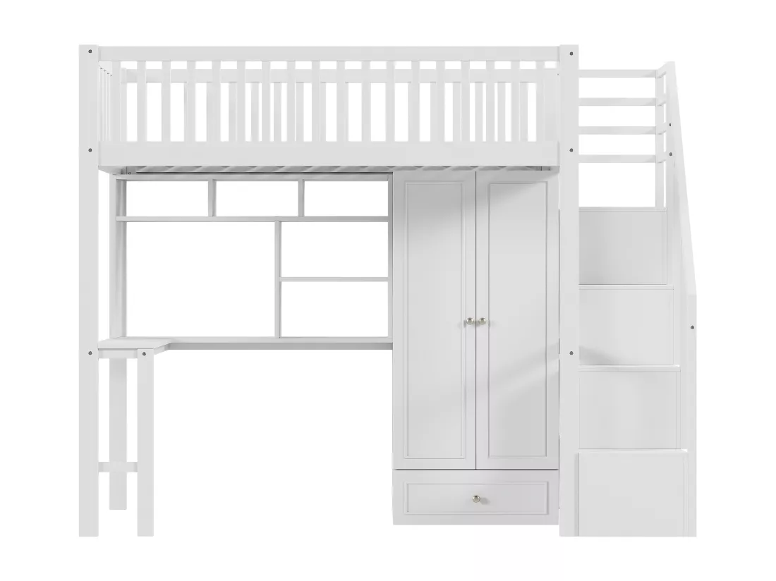 Lit mezzanine 90 x 200 cm avec grande armoire, bureau, bibliothèque, escalier et tiroirs, tout-en-un, Bois MDF, Blanc