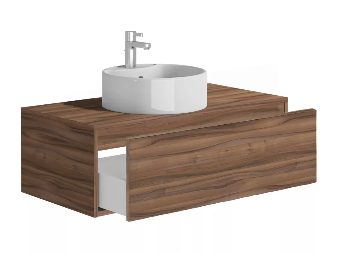 Meuble de salle de bain suspendu coloris naturel foncé avec simple vasque ronde - 94 cm - TEANA II
