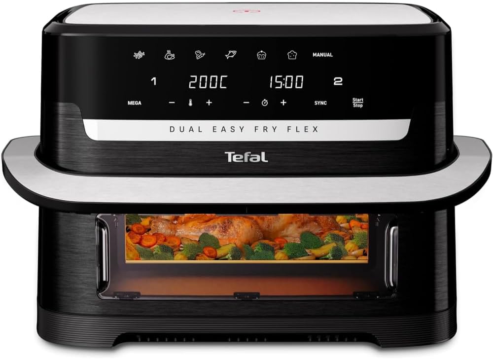 Tefal Dual Easy Fry Flex Heißluftfritteuse 9L – Airfryer mit 2 Kammern & GiantZone, FlexCook-Trennwand, 2700 W, 40–200 °C, 7 Programme, fettarm frittieren & 2 Gerichte gleichzeitig zubereiten EY9228