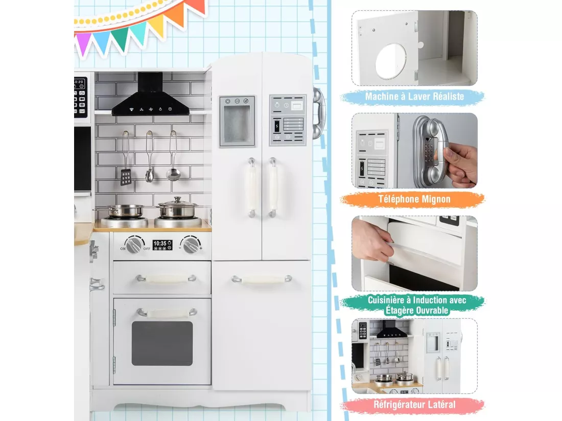 Cuisine d’Angle Enfants avec Réfrigérateur Latéral, Cuisinière de Jeu en Bois avec Machine à Laver, Téléphone Simulé, Ustensiles de Cuisine, Jouet d’Imitation pour Tout-Petits de 3 Ans+