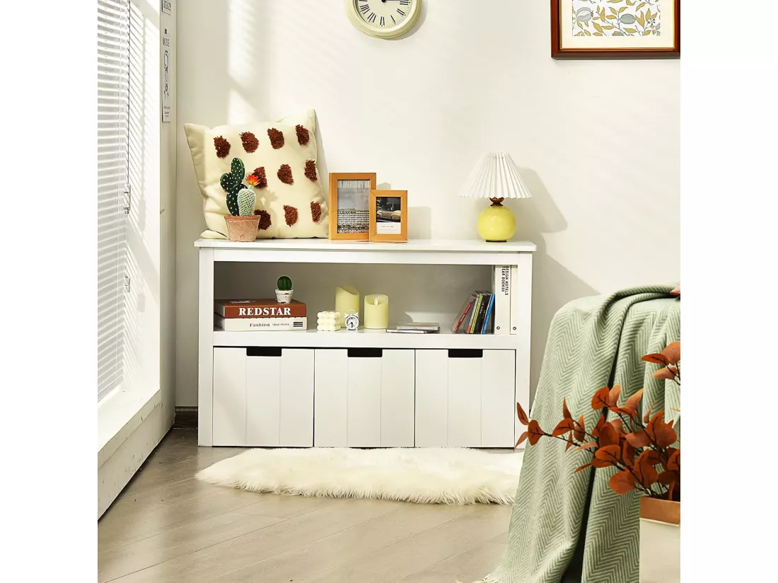 Meuble de Rangement, Armoire de Rangement avec 3 Tiroirs, Compartiments Ouvert et Poignées Incurvées, 101 x 33 x 62CM Blanc