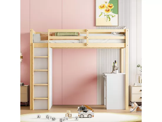 Lit superposé enfant 90 X 200 cm, avec armoire de rangement et bureau d'ordinateur, couleur bois originale