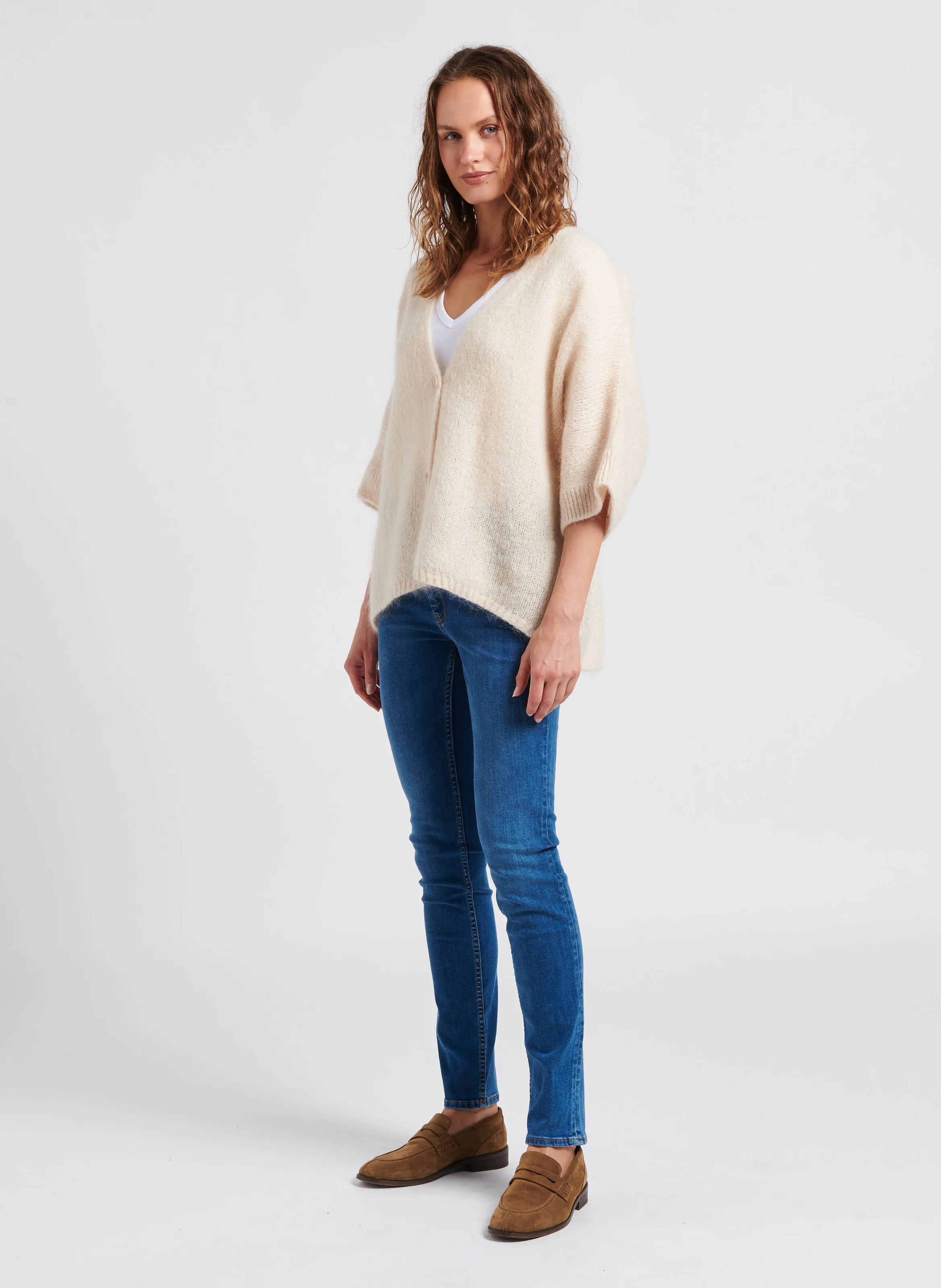 Gilet à col V ample en maille mélangée | Blanc