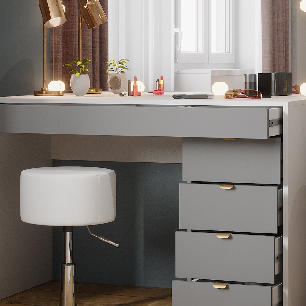 Vicco Schminktisch Elise Weiß Grau 115 x 76 cm modern Frisiertisch Schubladen Spiegel Hocker LED-Beleuchtung