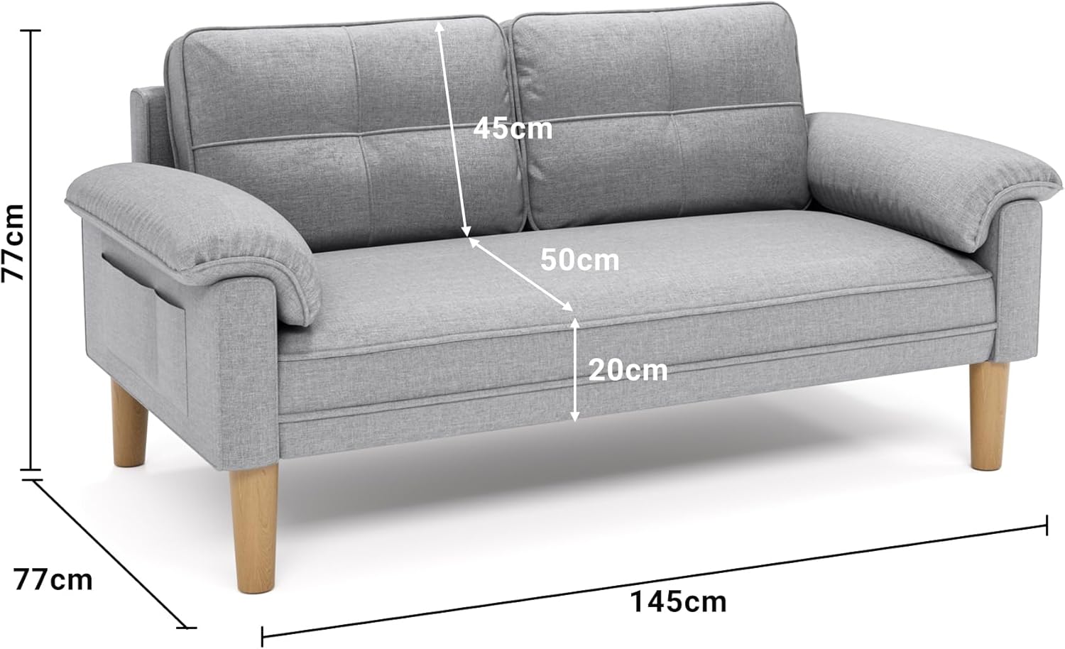 Xbro Couch 2 Sitzer, Kleine Sofa 2 Sitzer mit Armlehne und Seitentasche, Modernes Stoffcouch für Wohnzimmer,Wohnung,Büro,Einfache Montage, 144 x 77 x 77 cm, Hellgrau