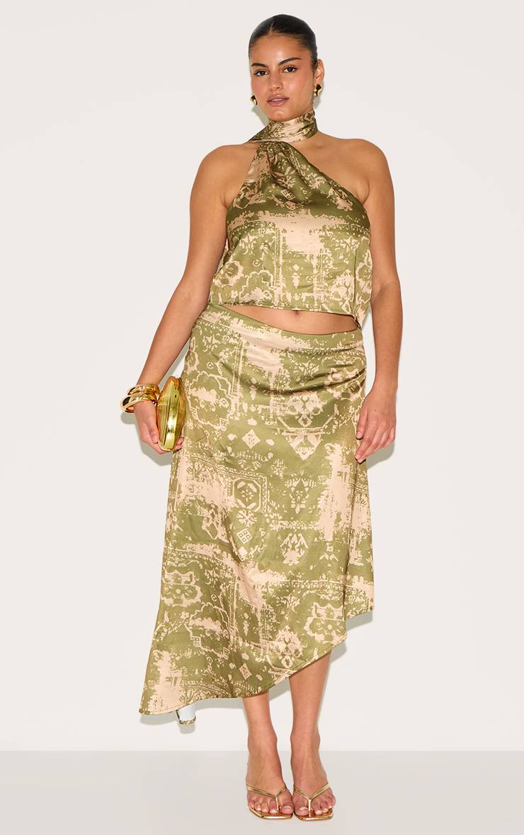 Kaki Ensemble Crop Top Grande Taille À Détail Foulard Imprimé En Satin