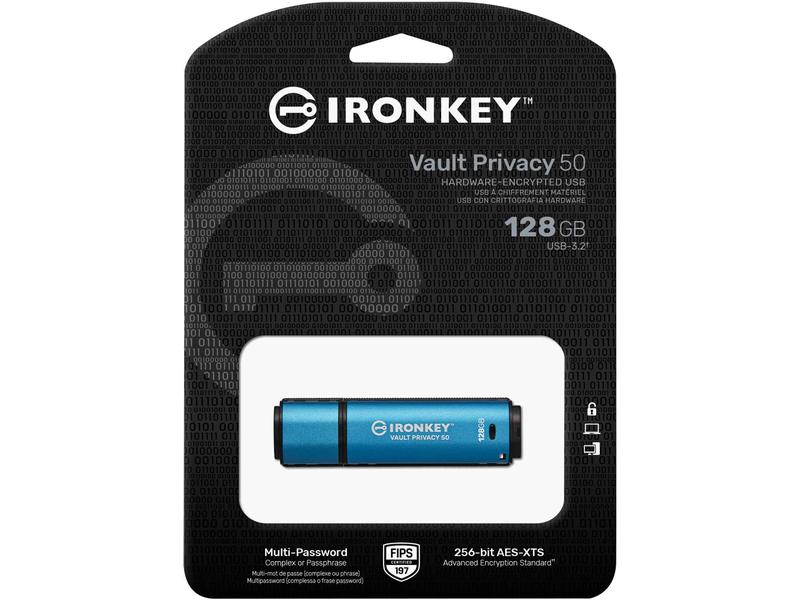 Kingston USB-Stick IronKey Vault Privacy 50 128 GB XTS-AES 256-Bit verschlüsselter USB-Stick mit 128 GB Speicherkapazität