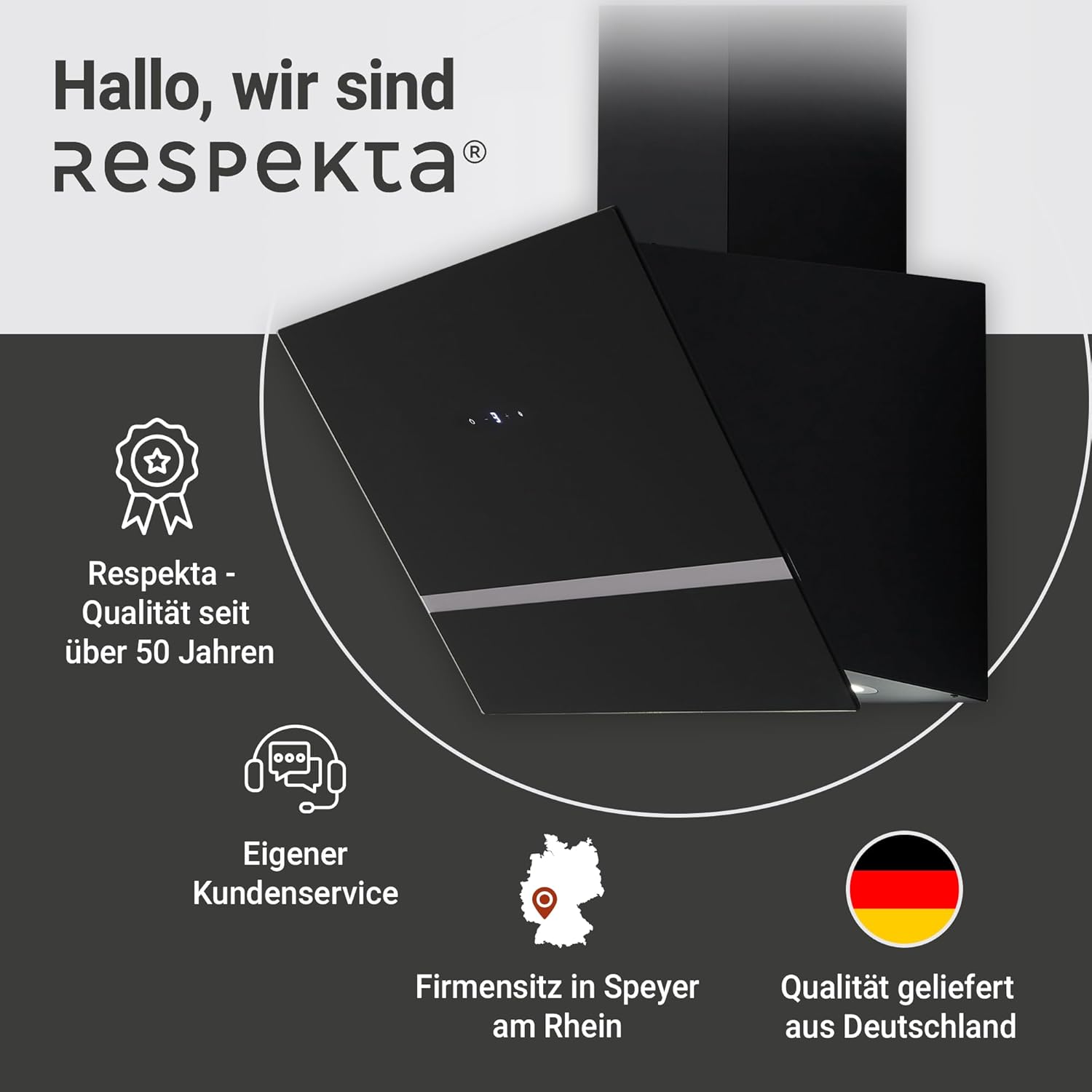Respekta Dunstabzugshaube / Schräghaube 80 cm / Metallgehäuse mit Glasschirm in Schwarz / Abluft - und Umluftfunktion / CH24080SM / A / 65 – 70 dB
