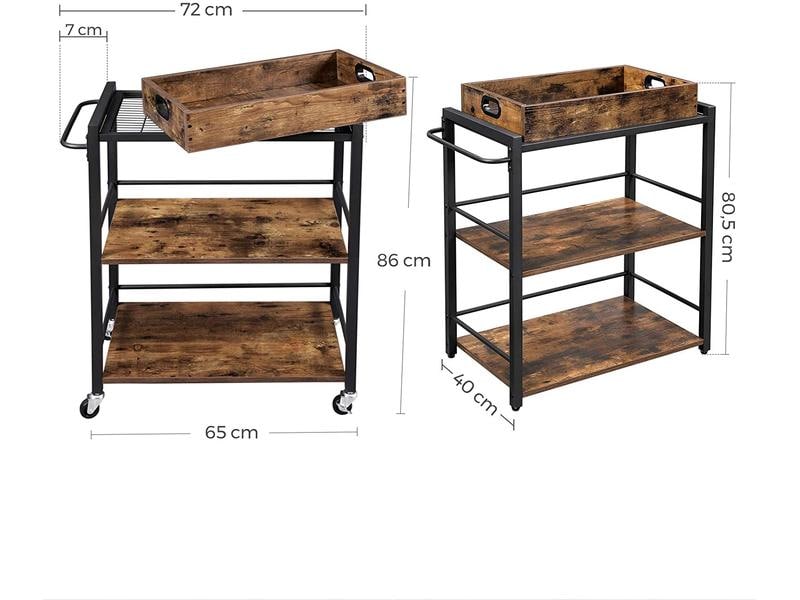 VASAGLE Bartrolley mit Tablett 65 x 86 cm, Braun/Schwarz Servierwagen auf Rollen