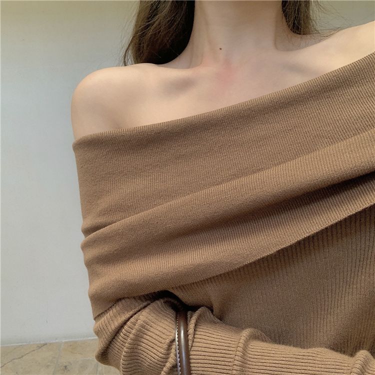 Alfie - Effen off-shoulder gebreide top met lange mouwen