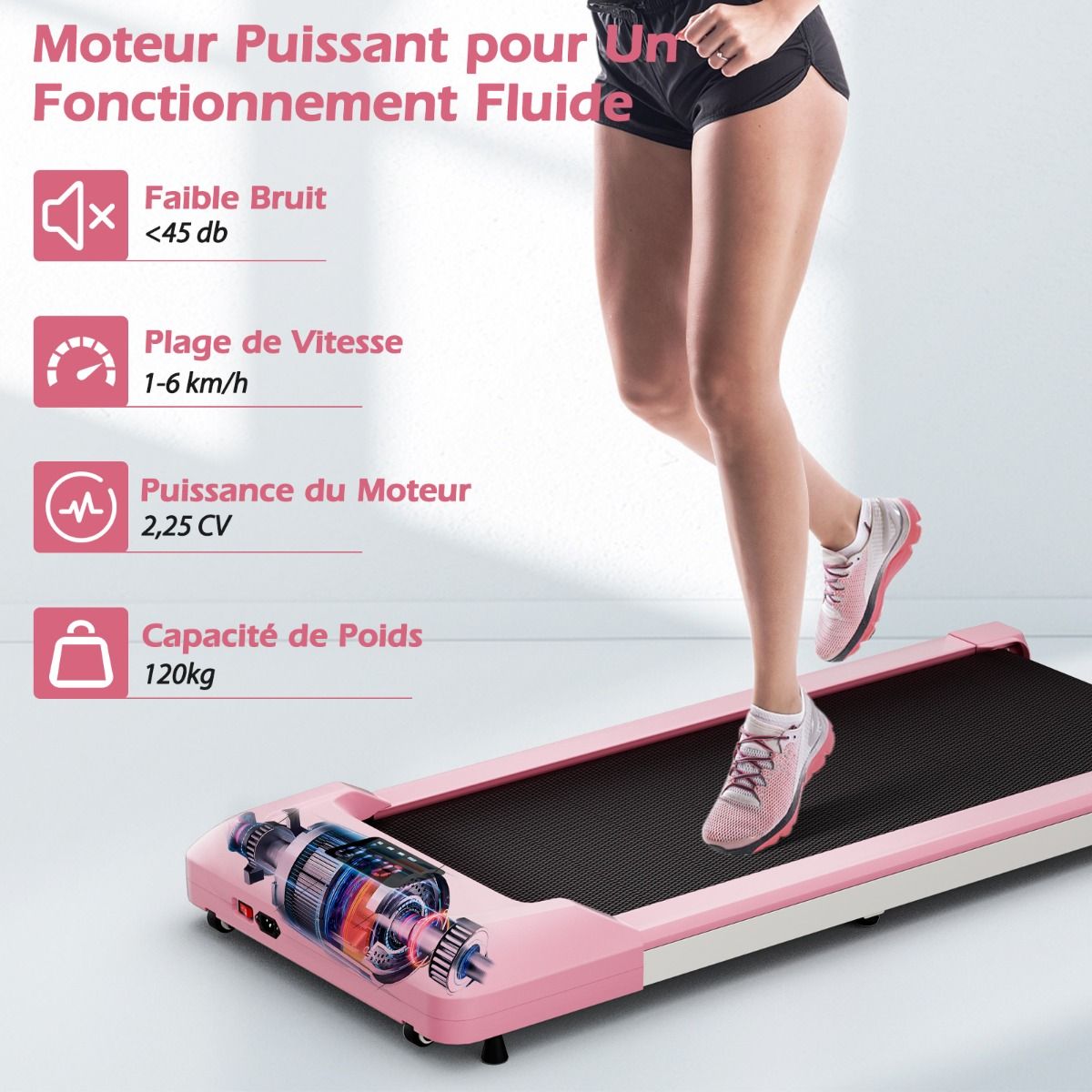 Tapis de Course Mince Tapis de Jogging avec Capacité de 120 Kg Télécommande et Écran Led Inclinable à Roulettes Tapis de Course à Glisser Gris/Noir/Rose - Lidl-Manfred
