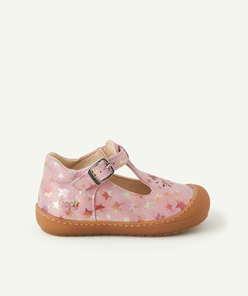 BOPYBOTTINES OUVERTES PREMIERS PAS BÉBÉ EN CUIR ROSE AVEC ÉTOILES