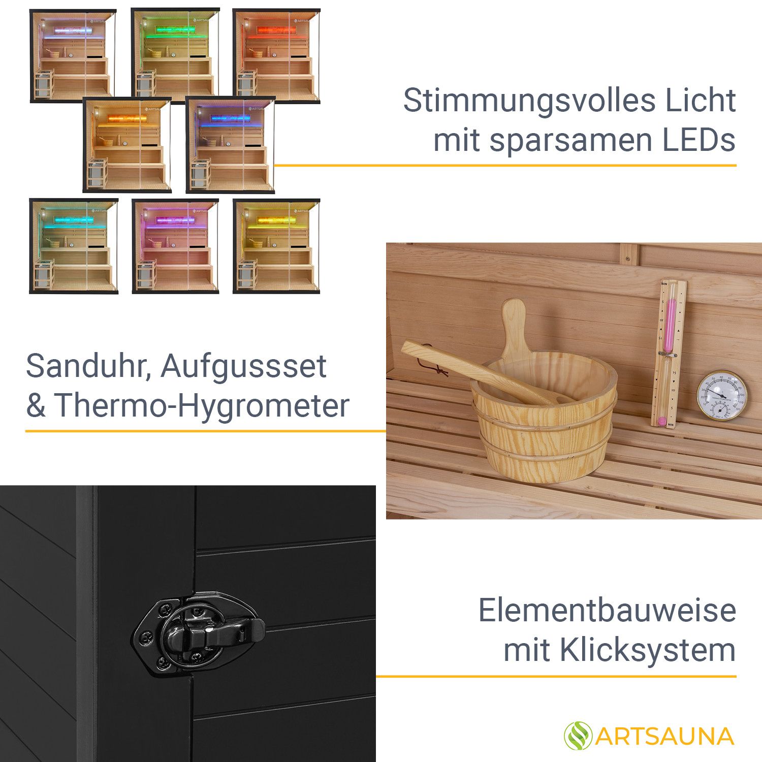 Vorbestellung: Artsauna Saunakabine Vantaa 175 mit Salzstein - Indoor Sauna für 4 Personen, 8 kW Ofen, Glasfront