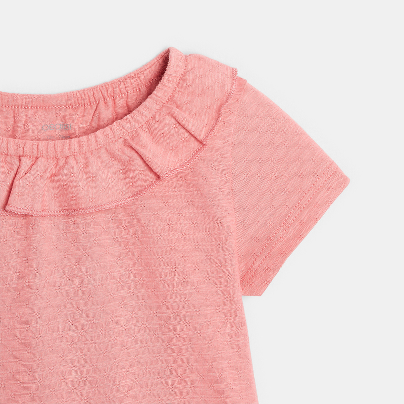 T-shirt col volanté maille fantaisie rose bébé fille