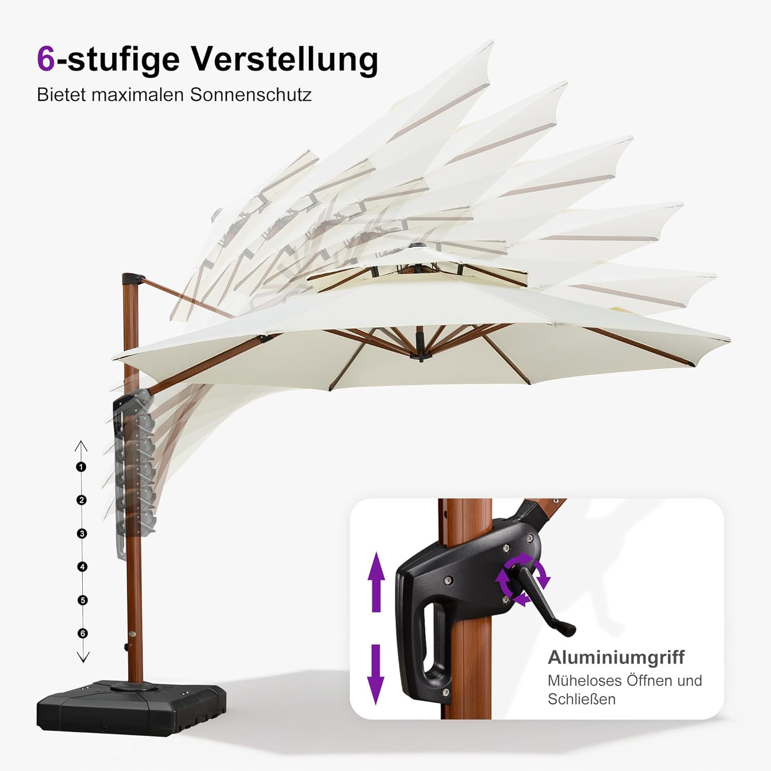 PURPLE LEAF Alu Holzoptik Ampelschirm Sonnenschirm Ø 330 cm Drehbar Gartenschirm Groß 360°Drehbar mit Kurbel Doppeldach, XXL, Cream