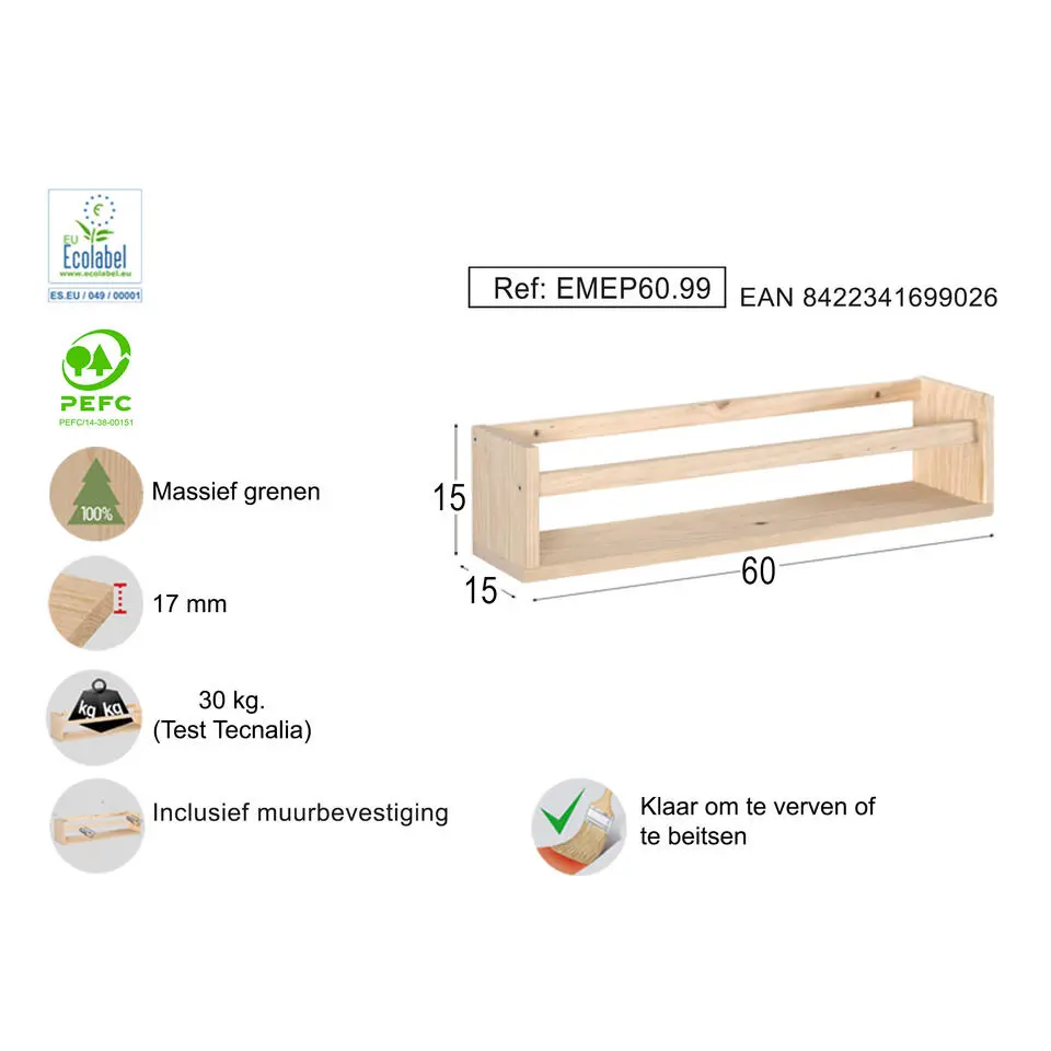 Astigarraga Wandplank - 60cm - PEFC grenen