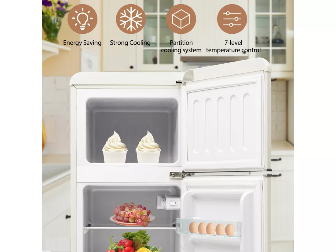 Réfrigérateur deux portes, 28L + 64L, avec 3 étagères et LED, -27°C à 13°C, 116 kWh/an, efficacité énergétique D