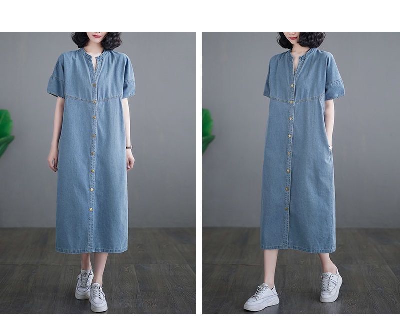INEN - Maxi-jurk met korte mouwen en V-hals van gewassen denim