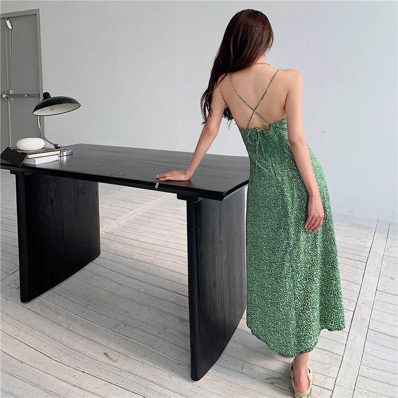 Maine - Midi-jurk met spaghettibandjes en bloemenprint en split