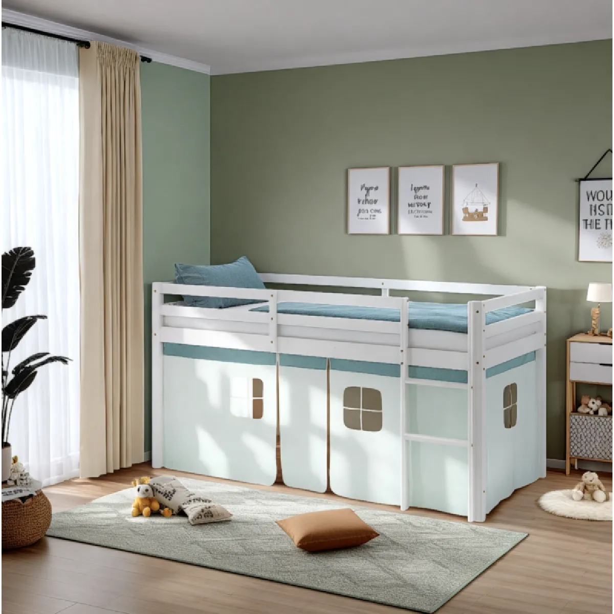 Homestyle4U Lit mi-hauteur 90x200 cm en pin massif avec rideau vert