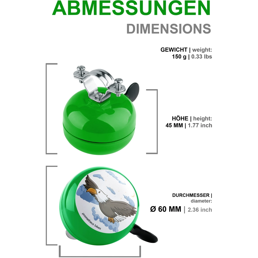 PROMETHEUS BICYCLES® Klingel für Kinder - Ding Dong Kinder-Fahrrad-Glocke - 60 mm - Links Montage, Grün