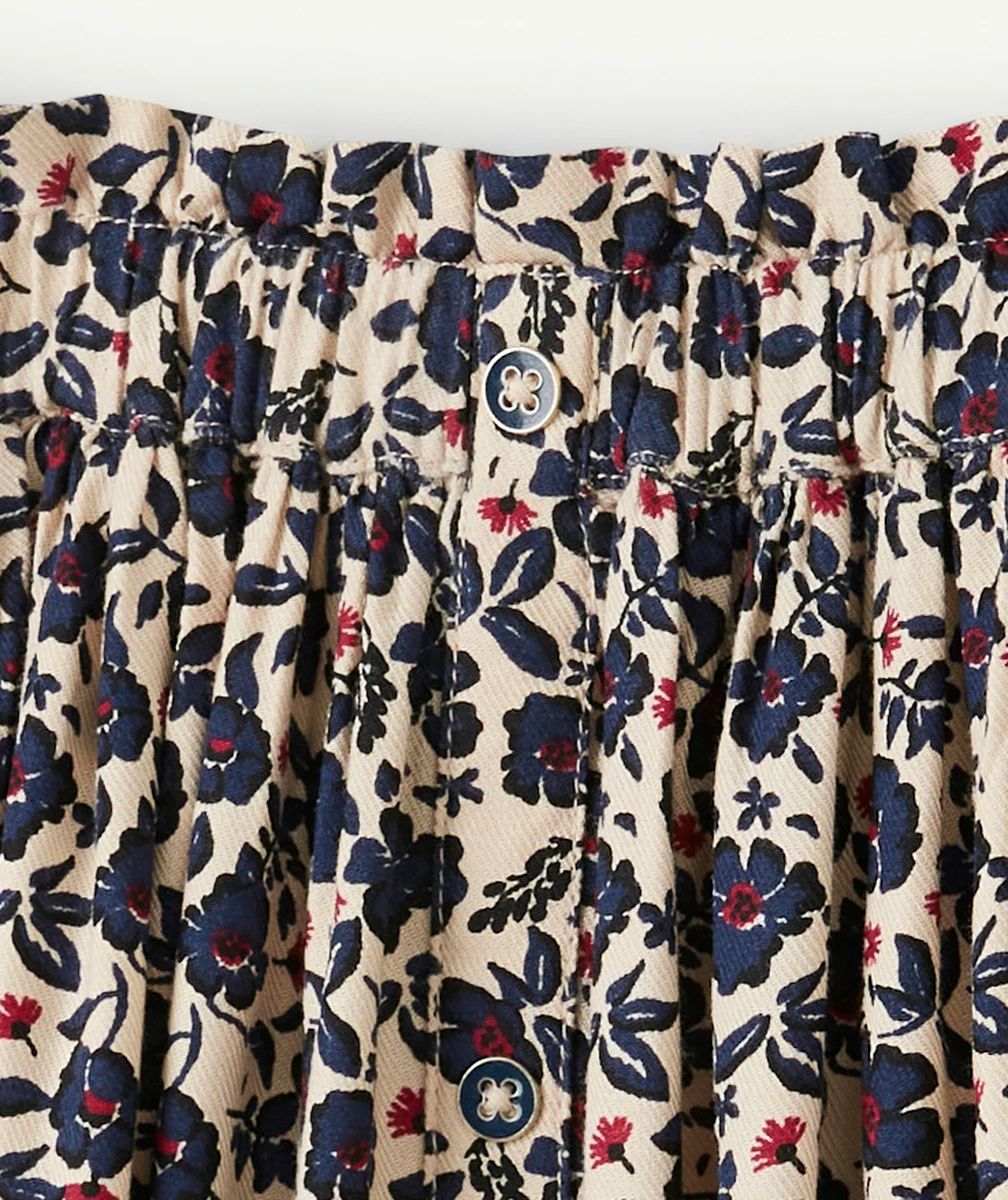 JUPE LONGUE FILLE EN VISCOSE RESPONSABLE IMPRIMÉE FLEURIE BEIGE ET BLEU MARINE