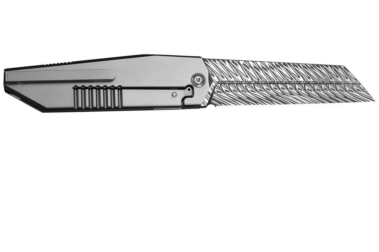 WE Knife Collinear WE22034D-DS1 Fafnir Damasteel, Polished Bead, Blasted & Satin Titanium, zakmes