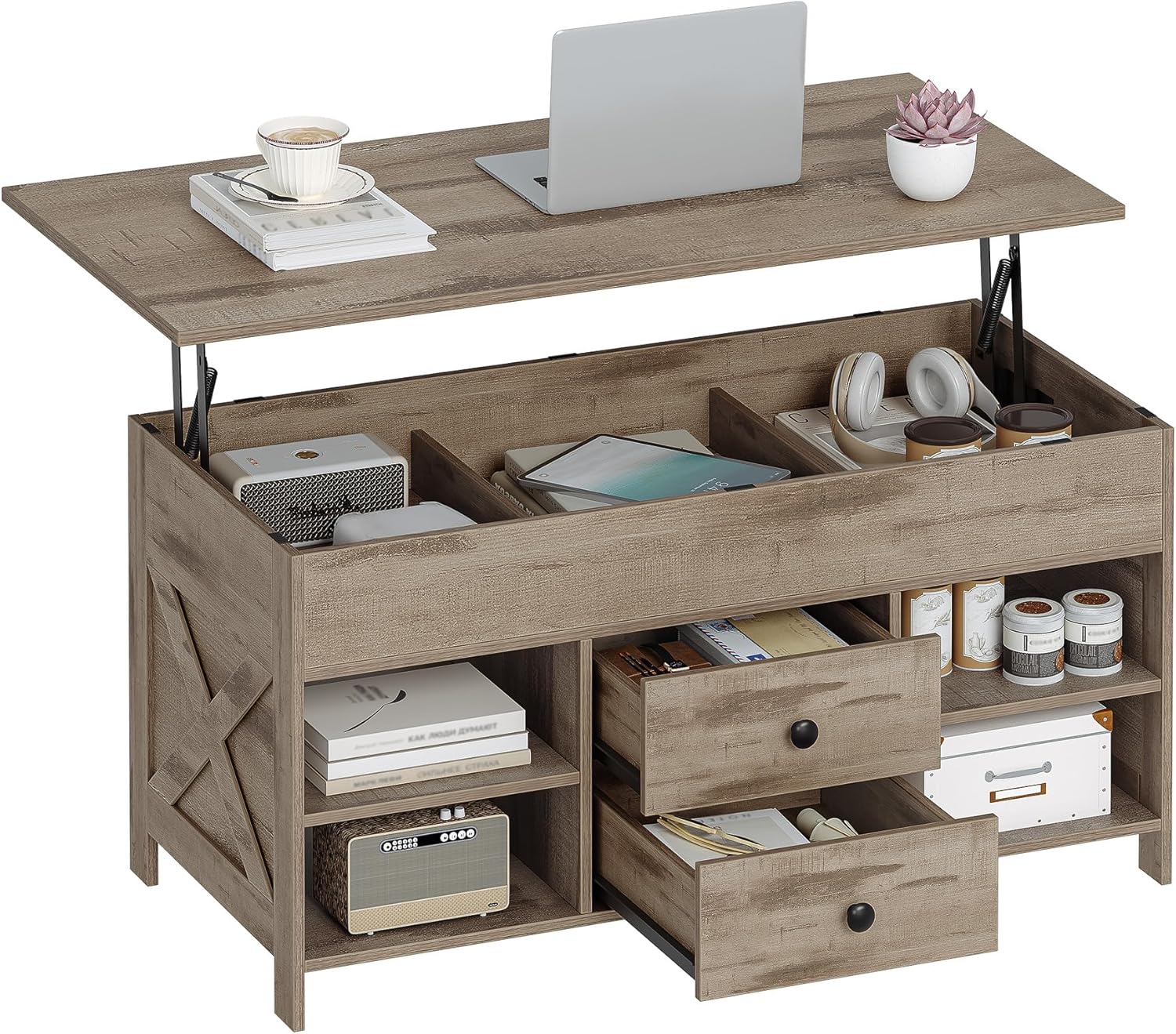 Hzuaneri Couchtisch, höhenverstellbarer Wohnzimmertisch, Sofatisch, 2 Schubladen und Versteckter Stauraum, 50 x 100 x 47,3-61,3 cm, für Wohnzimmer, Esszimmer, Büro, Kamelbraun-Schwarz CT22123B