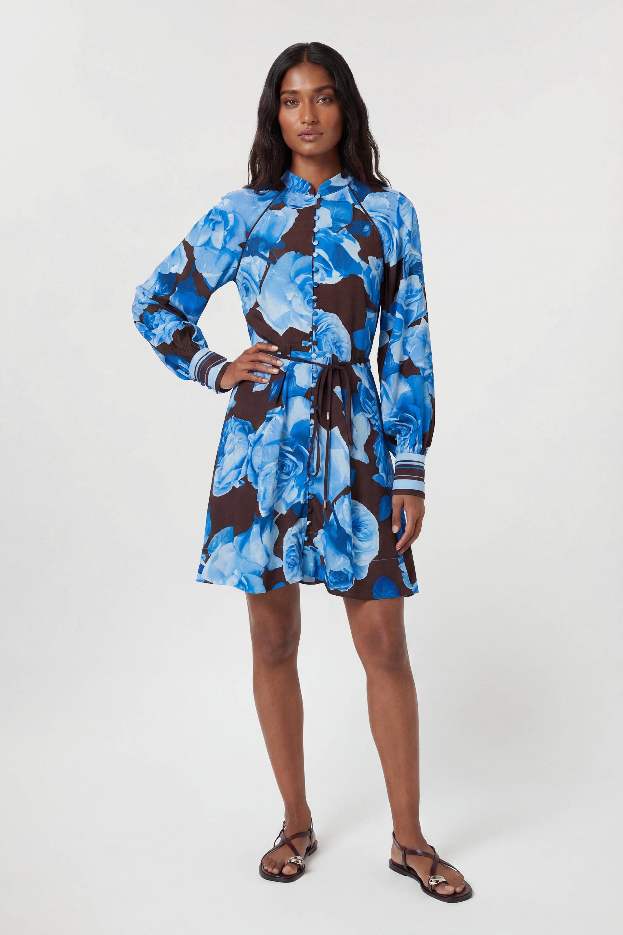 KarenMillen Robe Mini À Fleurs Bleues Contrastées Et Rayures Tissées En Viscose