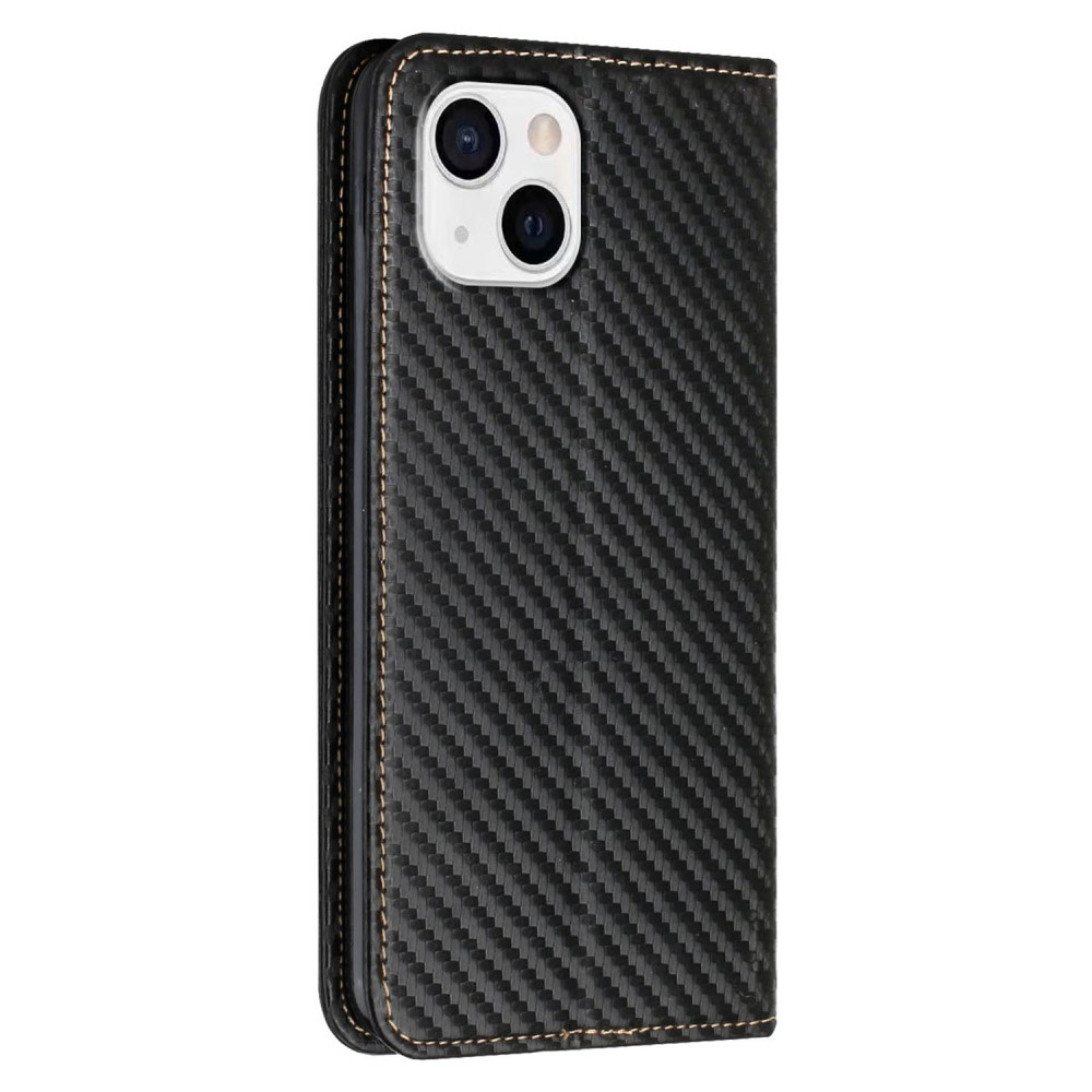 iPhone 15 Leder Tasche Flip Cover Carbon Look - Schwarz