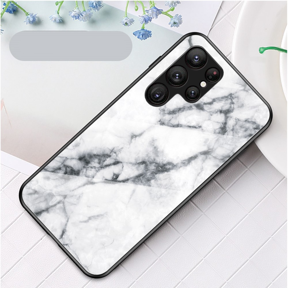 Samsung Galaxy S23 Ultra 5G Hardcase Hybrid Schutzhülle Glas Rückseite Marmor Marble - Weiss