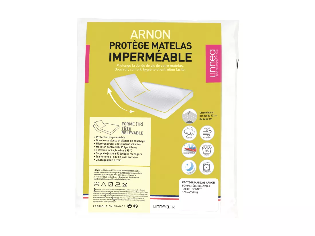 Protège matelas imperméable 2x70x210 cm lit articulé TR bonnet 23cm ARNON molleton coton contrecollé polyuréthane