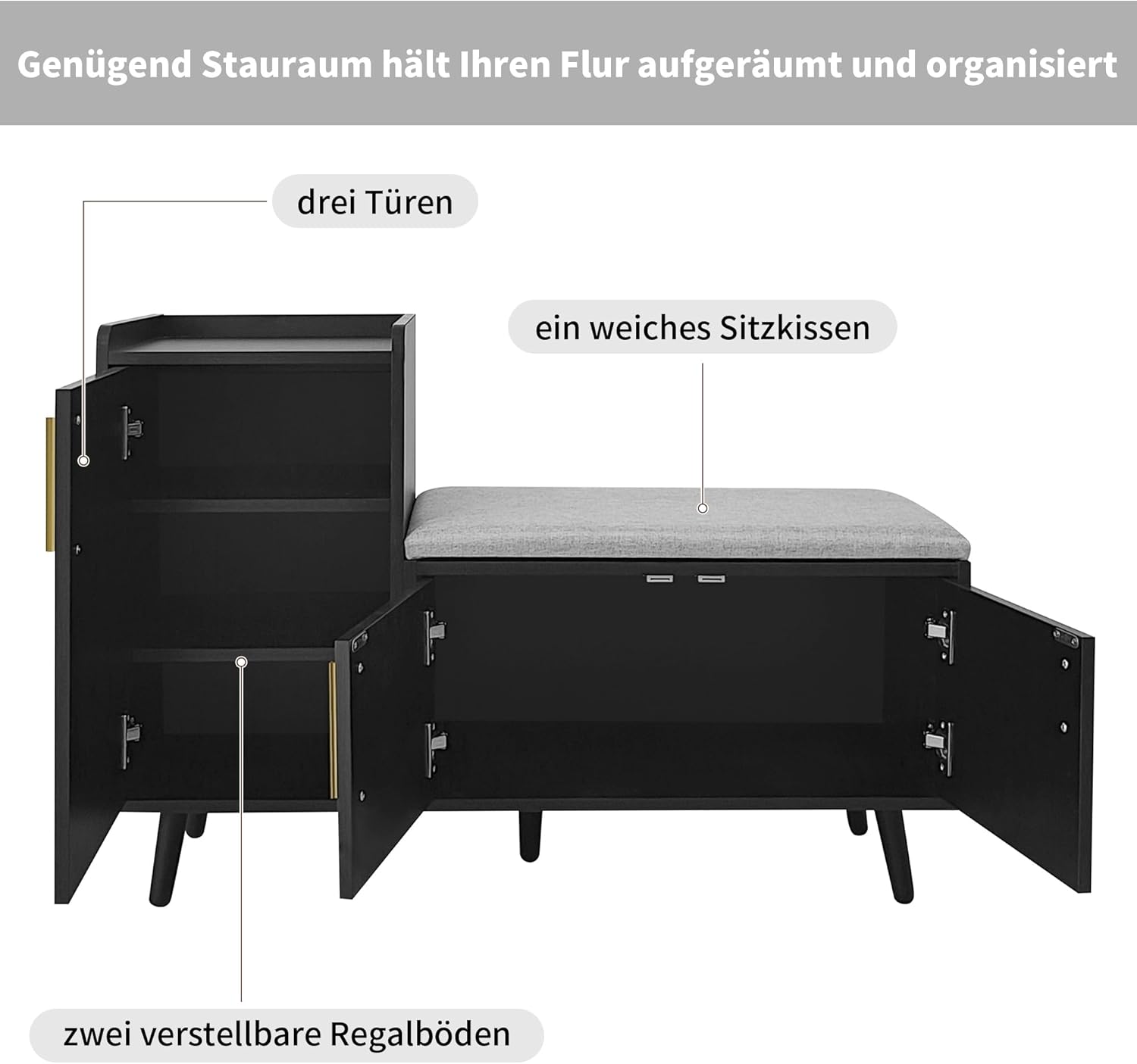Merax Schuhschrank mit Sitzbank, Schuhbank mit Sitzfläche, 3 Stauraumtüren, asymmetrische Metallgriffen, Schwarz, B100/T34/H69 cm