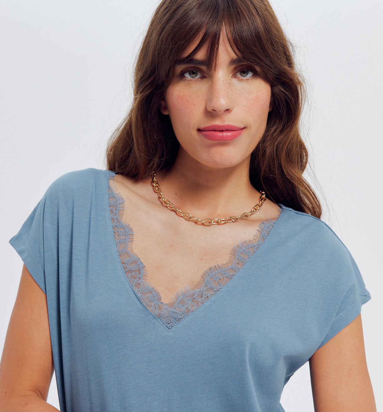 T-shirt détail dentelle Femme - Gris bleu