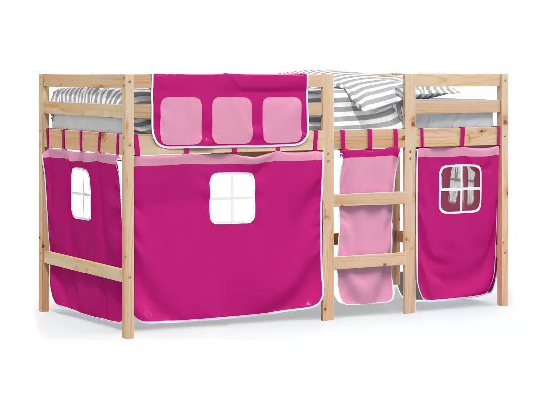 Lit mezzanine enfants et rideaux rose 90x200cm bois pin massif