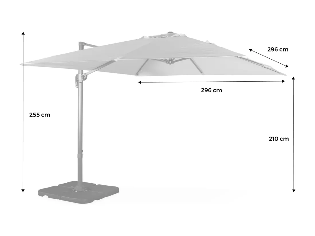 Parasol déporté carré 3x3m haut de gamme - Falgos - Gris- Parasol excentré inclinable. rabattable et rotatif à 360°.