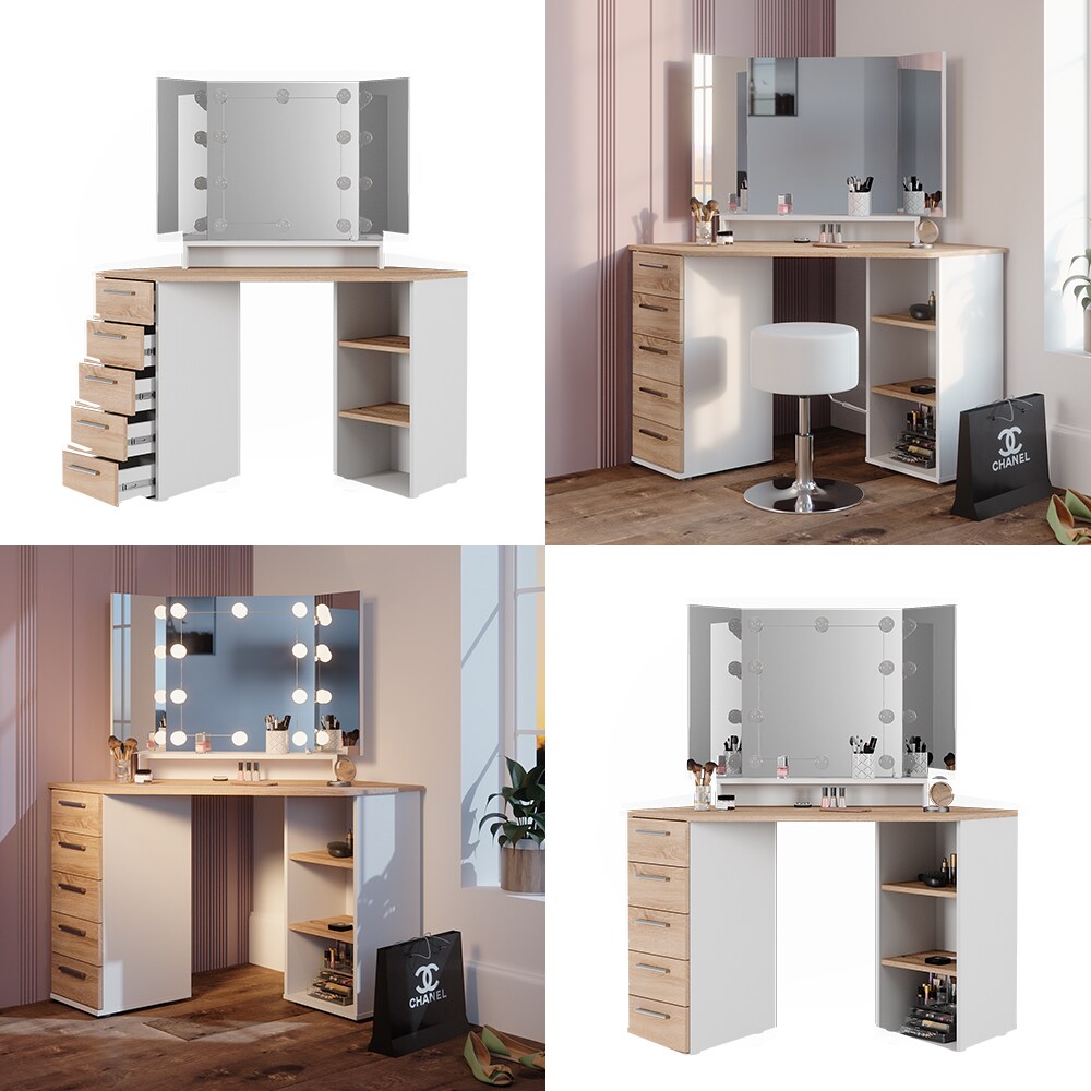 Vicco Eckschminktisch Frisiertisch Frisierkommode Sofia Weiß Sonoma Spiegel LED 128x142 cm modern Ablage
