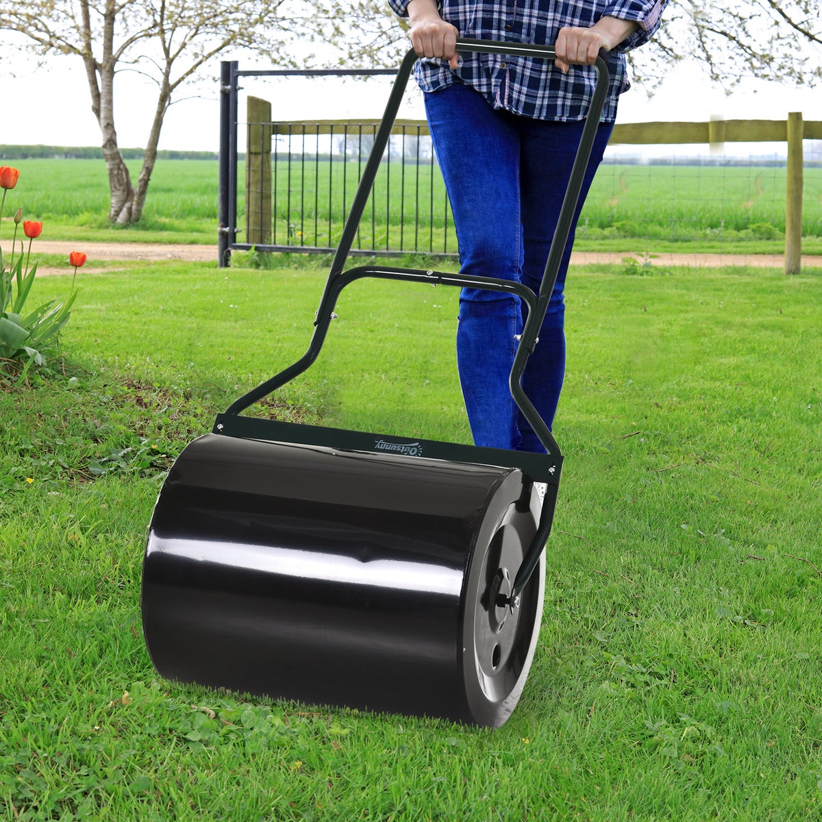 Outsunny gazonrol met U-greep, tuinrol, 40 cm diameter, 60 L water/zandvulling, 57 x 40 x 123 cm, metaal, zwart